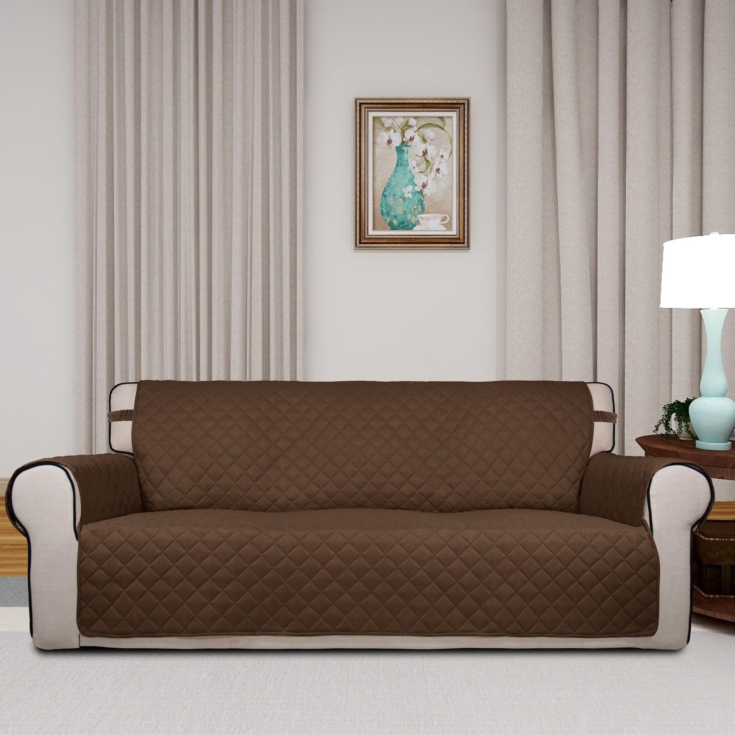 PureFit Reversible Quilted Sofa Cover, Water Resistant Slipcover Furniture Protector, Washable Couch Cover with Non Slip and Elastic Straps for Kids, Dogs, Pets (Oversized Sofa, Coffee/Ivory)