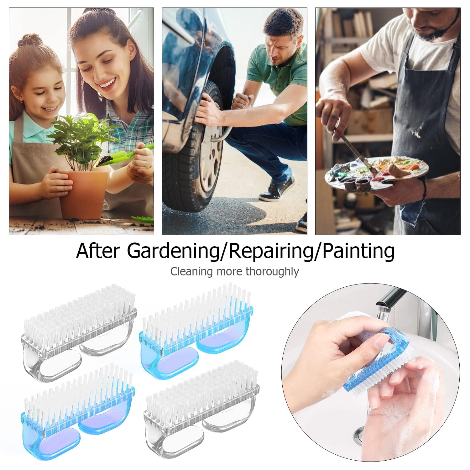 Handle Grip Nail Brush, Hand Fingernail Brush Cleaner Scrubbing Kit Pedicure for Toes and Nails Men Women (4 Pack) (Color-7)