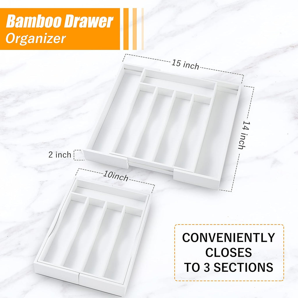 Bellsal White Silverware Organizer Kitchen Drawer Organizer Expandable Bamboo Utensil Holder Cutlery Tray for Kitchen Utensil and Flatware Bedroom Office