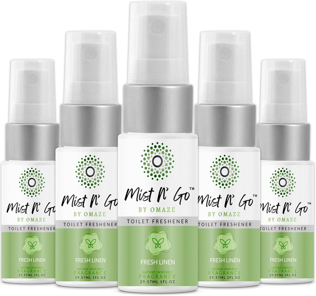 Mist N' Go by Omaze Travel Bathroom Spray - Toilet Odor Eliminator & Air Freshener - Fresh Linen (1oz x5)