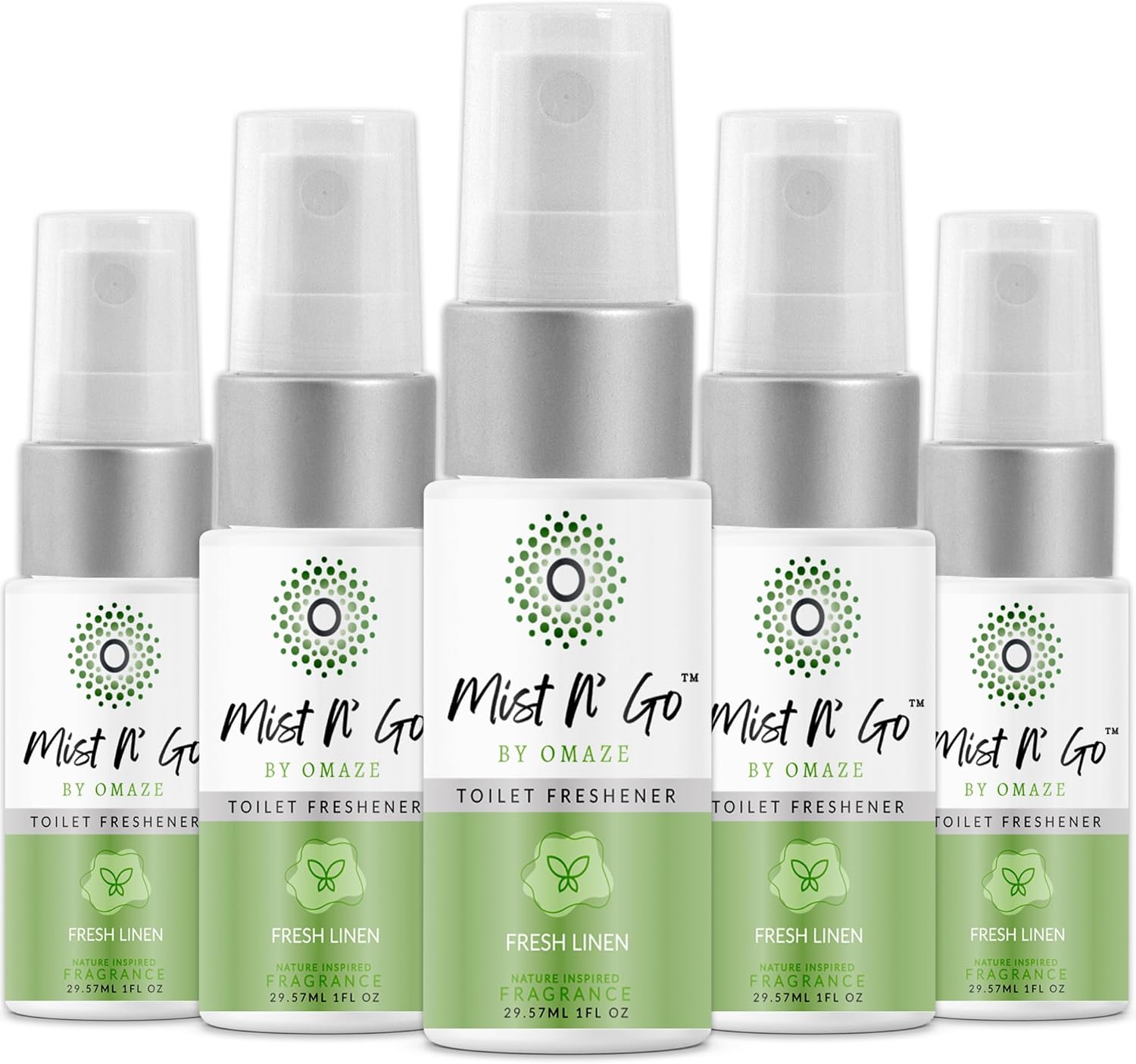 Mist N' Go by Omaze Travel Bathroom Spray - Toilet Odor Eliminator & Air Freshener - Fresh Linen (1oz x5)