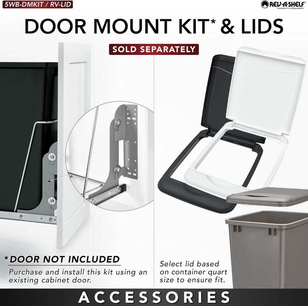 Rev-A-Shelf Pullout Trash Can for Kitchen Cabinets 35 Qt Garbage Waste Recycling Bin w/ Full Extension Slide, Metallic Silver, RV-12KD-17C S