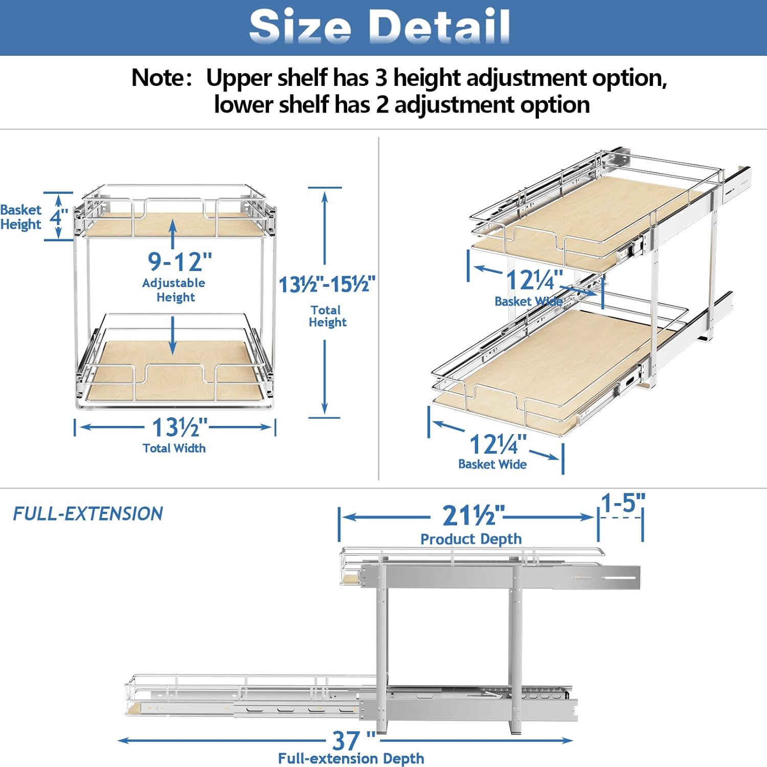 ROOMTEC 2 Tier Individual Pull Out Cabinet Organizer 13½"W x 21½"D, Slide Out Wood Shelves Organizers, Pull Out Drawers Organization and Storage for Kitchen Cabinet