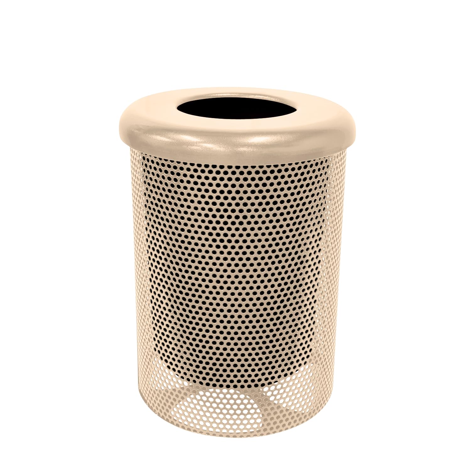 COATEDOUTDOORFURNITURE RFT-P-TAN Heavy Duty Round Trash Receptacle with Flat Top, Liner Included, 32 Gallon, Tan, Made in America