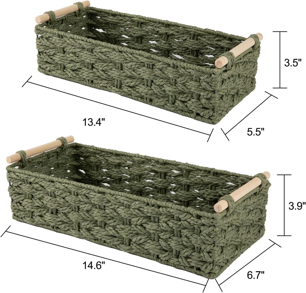 OIAHOMY Toilet Paper Baskets Handmade Paper Rope Decorative Wicker Storage Tank Shelf Cabinet Organizer for Bathroom Home, Set of 2, Green