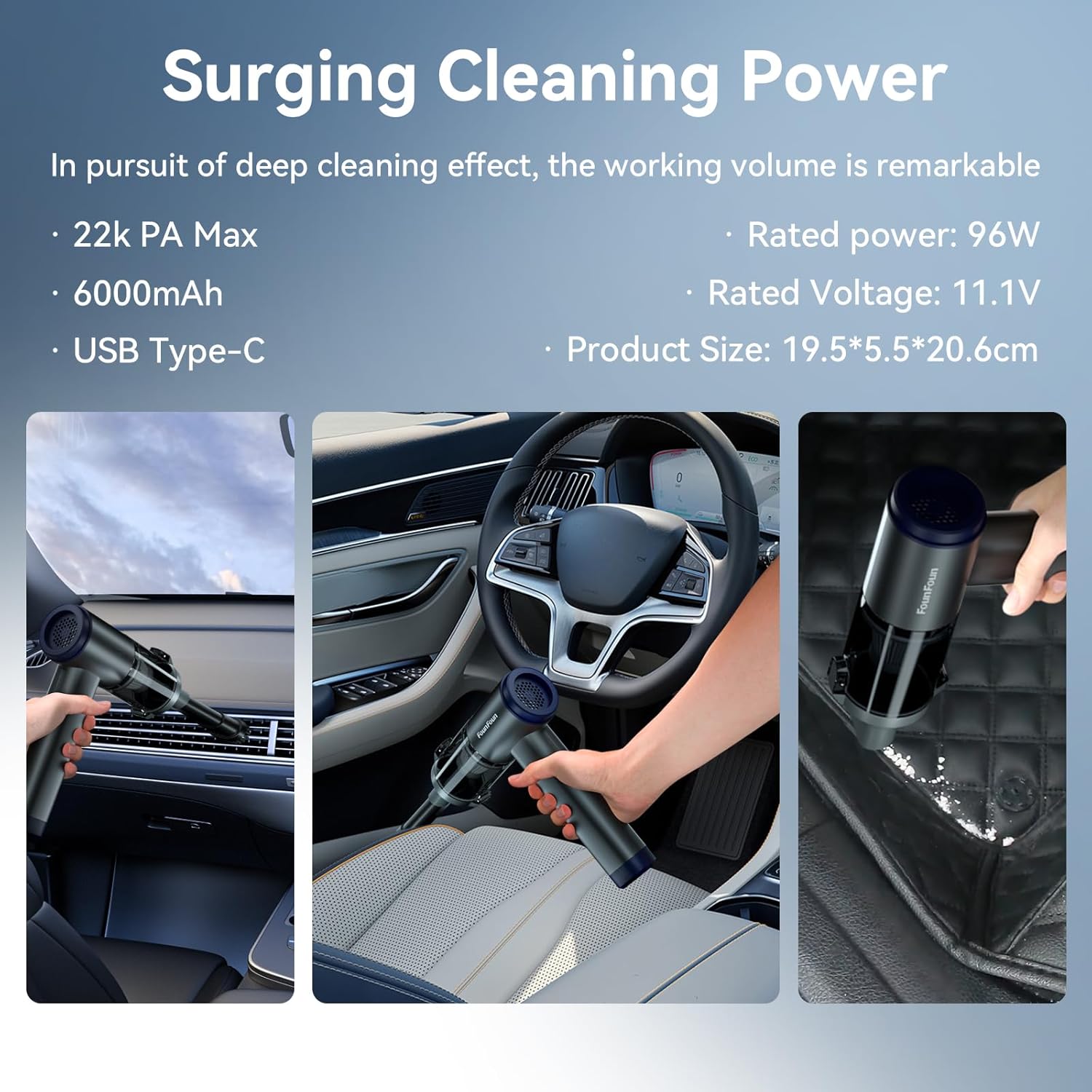FOUNFOUN Handheld Vacuum Cordless, Portable Car Vacuum, High Power Cleaner for Pet Hair/Car/Home, Suction & Blow 2 in 1, 17-30 Min Run Time, Small Lightweight Gadget, Type-C Rechargeable