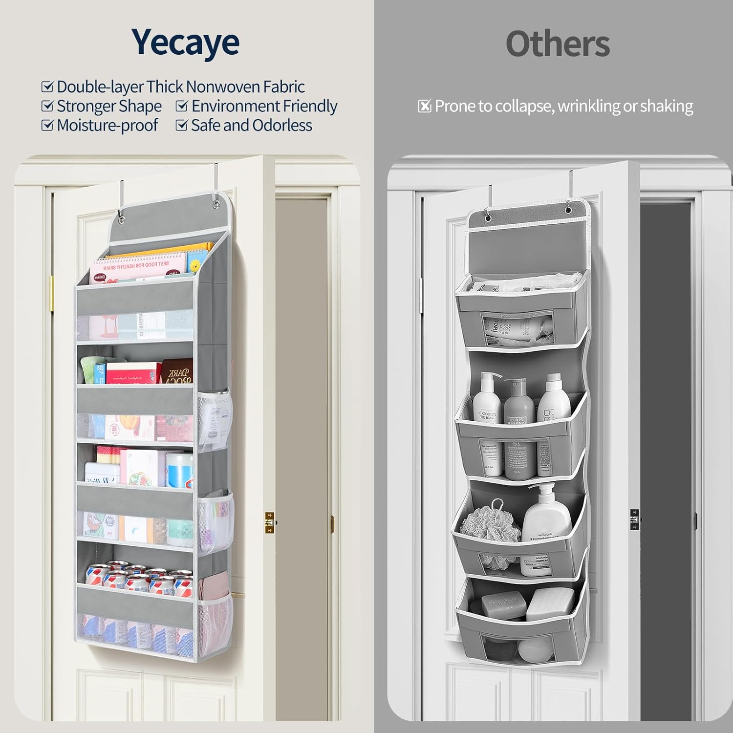 Yecaye Over The Door Organizer, Heavy Duty Hanging Organizers and Storage with 4 Large Capacity Pockets, Swing-Proof Behind The Door Storage for Bathroom Nursery Bedroom Dorm Closet, Grey