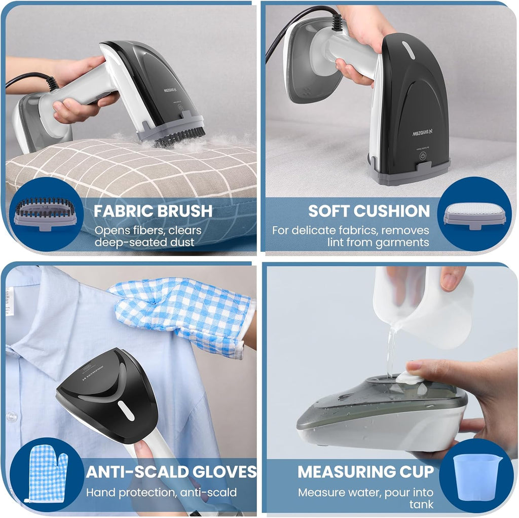 Powerful Handheld Fabric Steamer - 1800W with Fast Ceramic Heat-Up Plate, 2-in-1 Ironing & Wrinkle Remover, Steam Nozzle, Lint Brush - White, for US 120V Only