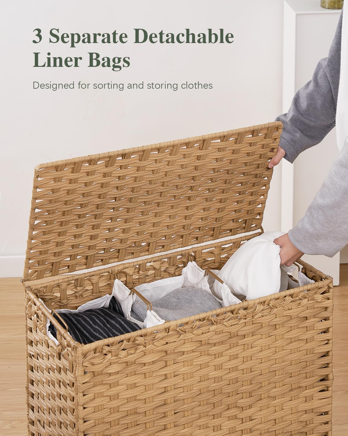 Laundry Hamper with Lid 132 L, (35 Gallons) Clothes Hamper with Lid, Handwoven Rattan Laundry Hamper with Metal Heightened Feet, Laundry Hampers with 3 Removable Liner Bags for Laundry-Natural
