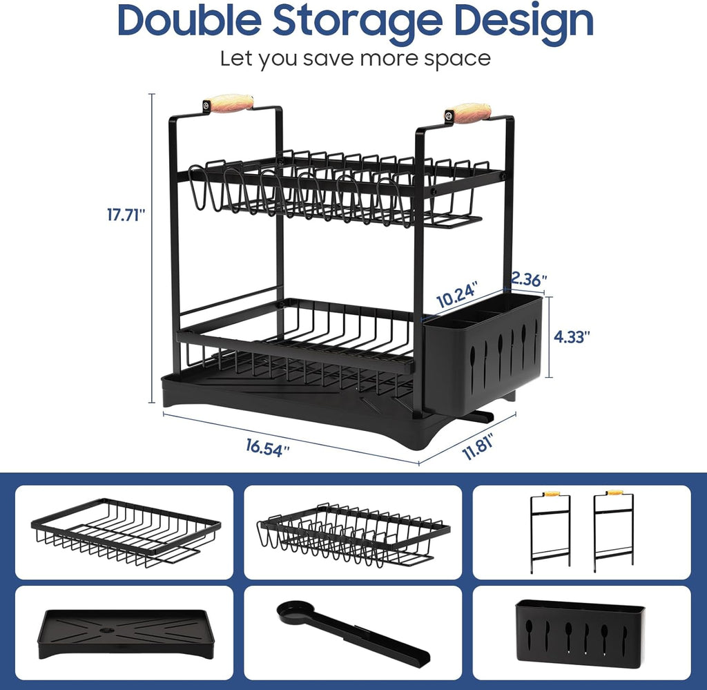 2-Tier Large Dish Drying Rack for Kitchen Counter with Drainboard and Cutlery Holder, 2 Tier Dish Drying Rack, Black,16.54" D x 11.81" W x 17.71" H