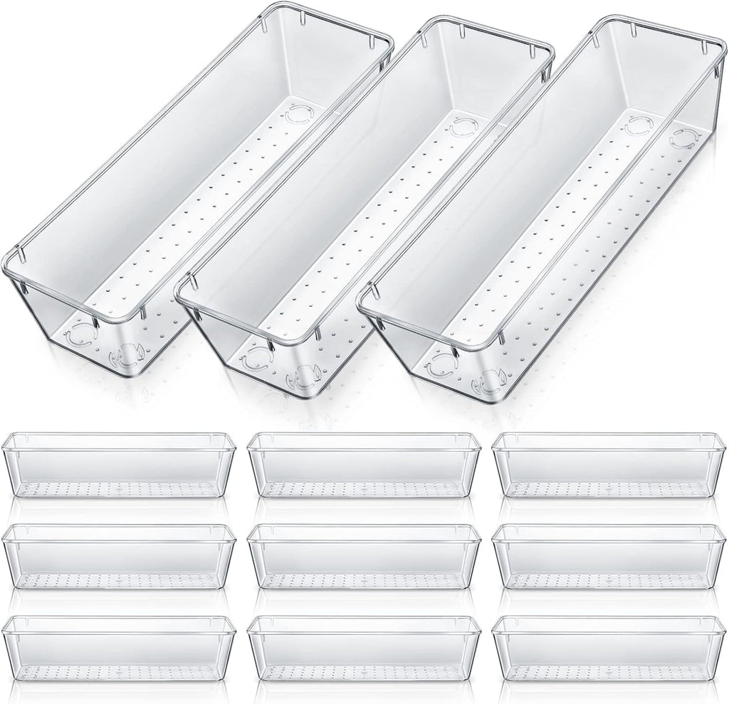 Maitys 12 Pcs Vanity Drawer Organizer 9 x 3 x 2 Inches Clear Plastic Utensil Organizers Kitchen Drawers Dividers for Office Desk Silverware Kitchen Utensils Cosmetics and Bathrooms(Clear)