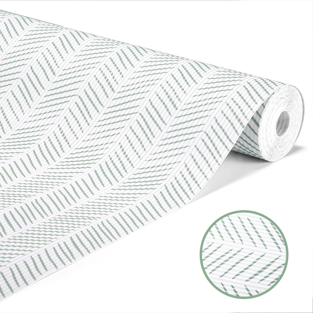 Glotoch Non Adhesive Shelf Liners for Kithchen Cabinets,Non Slip Waterproof Drawer Liners for Dresser, Liner, Fridge, Wire Shelving,Pantry,Heavy Duty, White and Green Herringbone 12X60 Inch