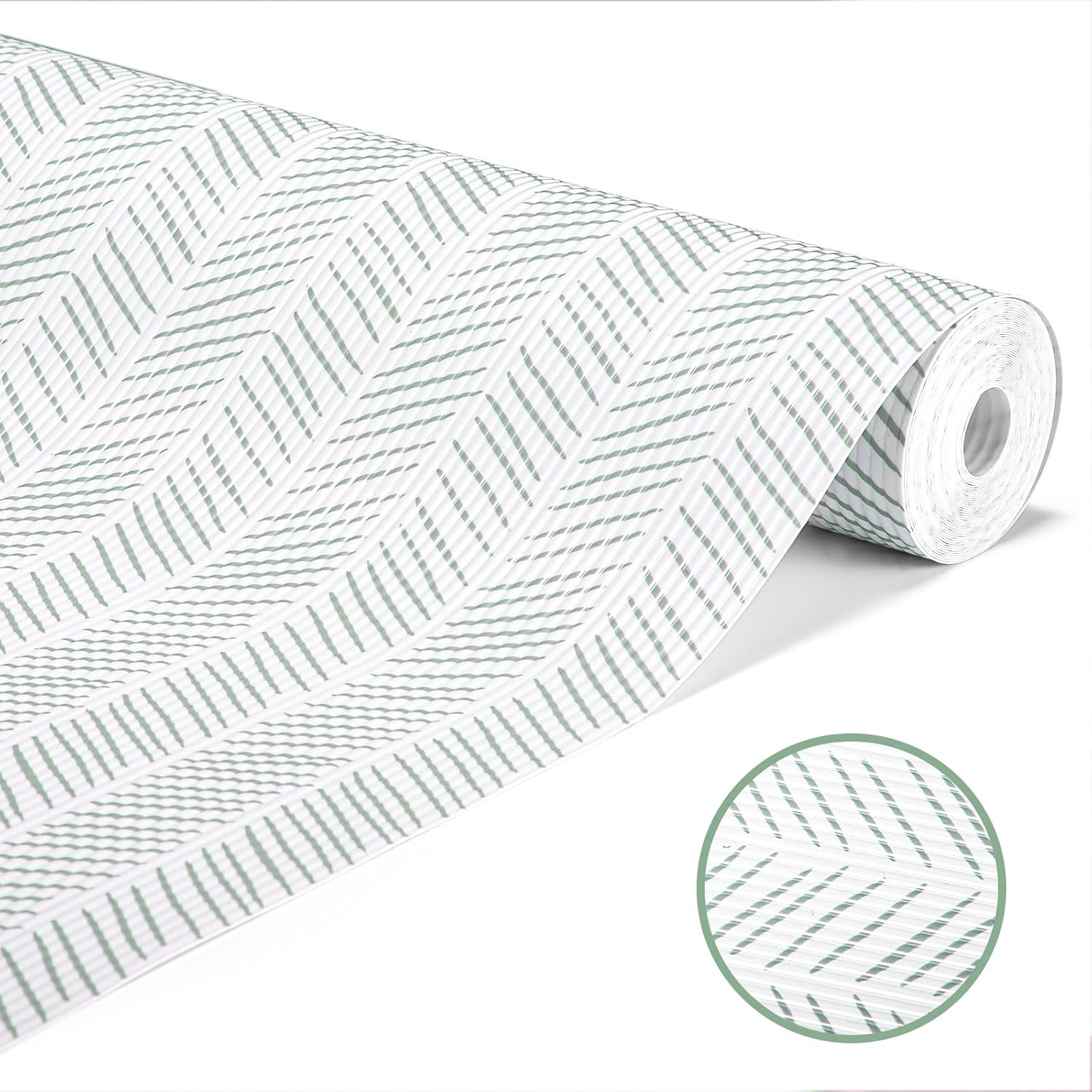 Glotoch Non Adhesive Shelf Liners for Kithchen Cabinets,Non Slip Waterproof Drawer Liners for Dresser, Liner, Fridge, Wire Shelving,Pantry,Heavy Duty, White and Green Herringbone 12X60 Inch