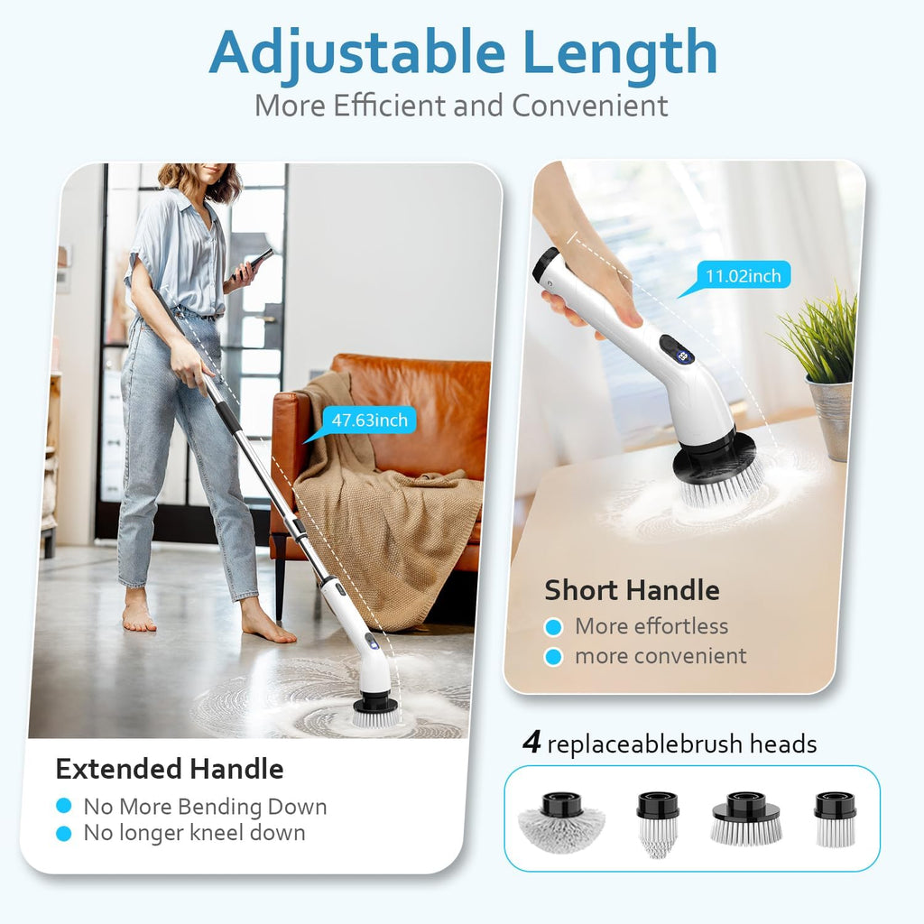 TUYU Electric Spin Scrubber, Full-Body IPX7 Waterproof Bathroom Scrubber with Power LCD Display, 8 Replacement Head, Adjustable Extension Handle, Cordless Shower Cleaner Brush for Bathtub Cleaning
