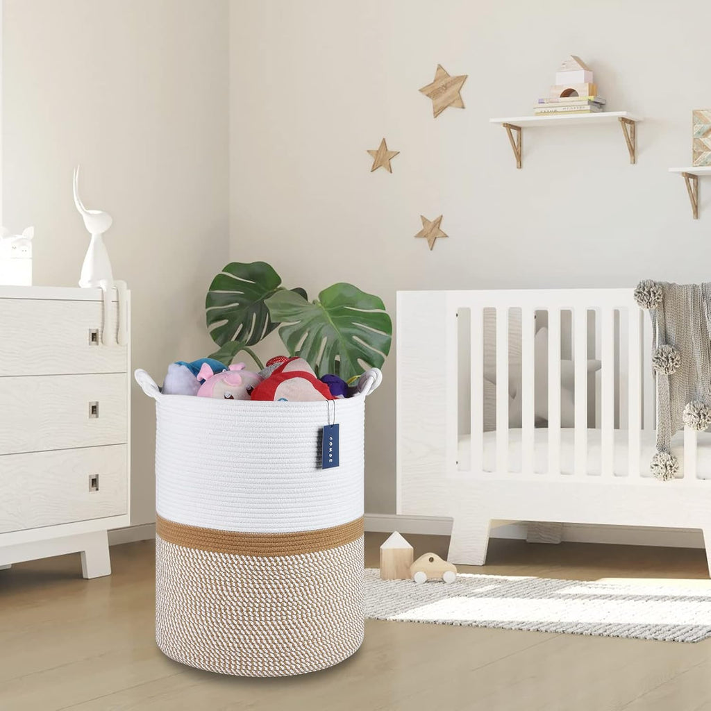 COMSE Extra Large Blanket Basket, Tall Woven Storage Basket, Nursery Hamper, 15.7”x 21.7”, Cotton Rope Laundry Hamper for Toys Clothes Towels, Blend White/Camel