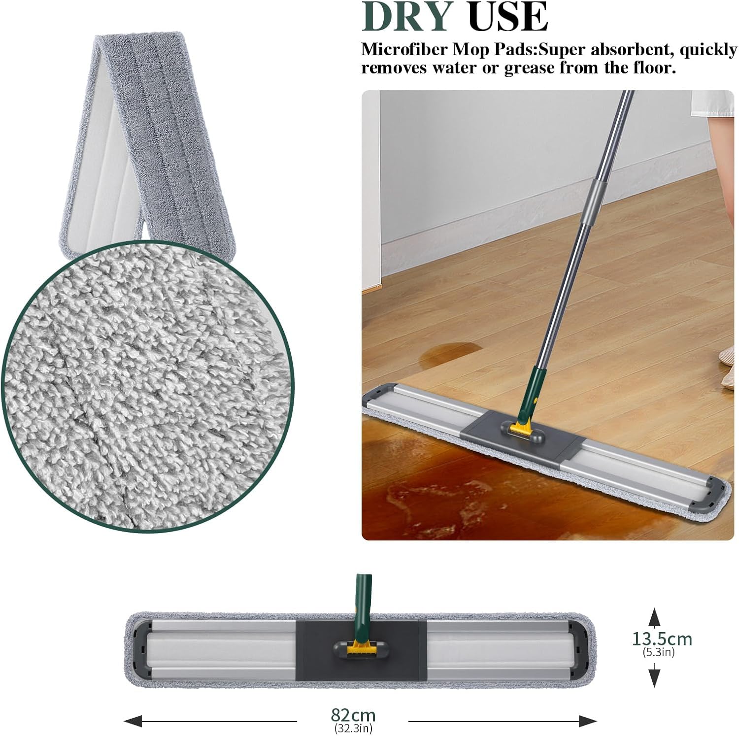36" Commercial Mop, Masthome Heavy Duty Industrial Mop for Floor Cleaning,Commercial Dust Mop with 3 Reusable Pads,60”Long Handle Wet Dry Flat Mops for Hardwood Floors, Marble, Laminate, Tile(Green)