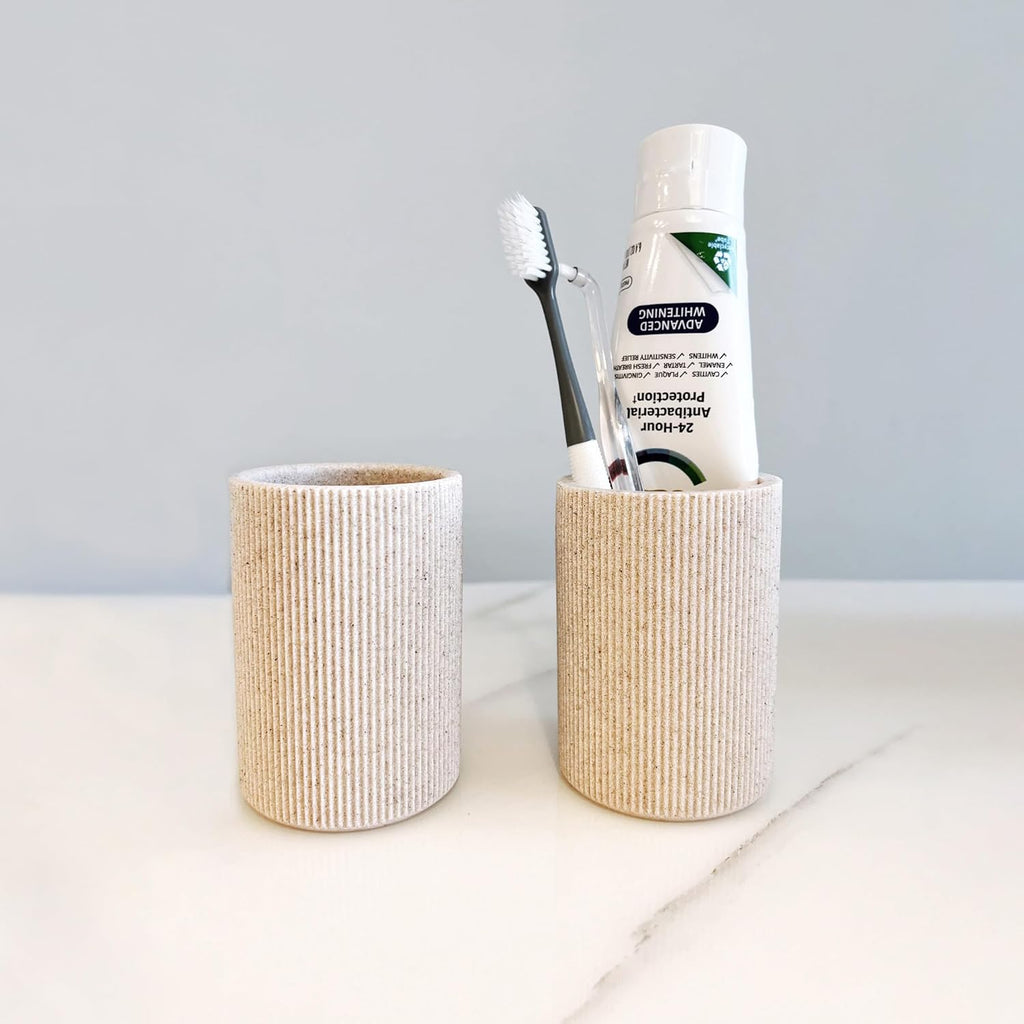 Small Sand Beige Toothbrush Holder for Bathroom Countertop, Modern Boho Farmhouse Style, Multi-Purpose Organizer, Rust-Proof Unbreakable Resin Cup