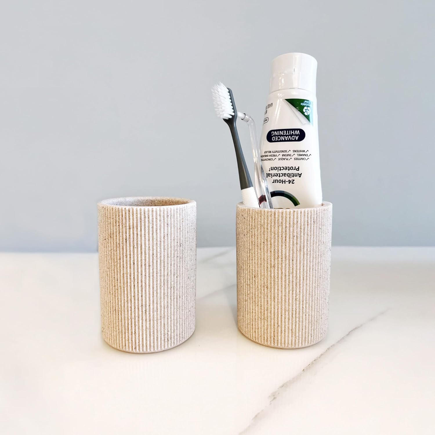 Small Sand Beige Toothbrush Holder for Bathroom Countertop, Modern Boho Farmhouse Style, Multi-Purpose Organizer, Rust-Proof Unbreakable Resin Cup