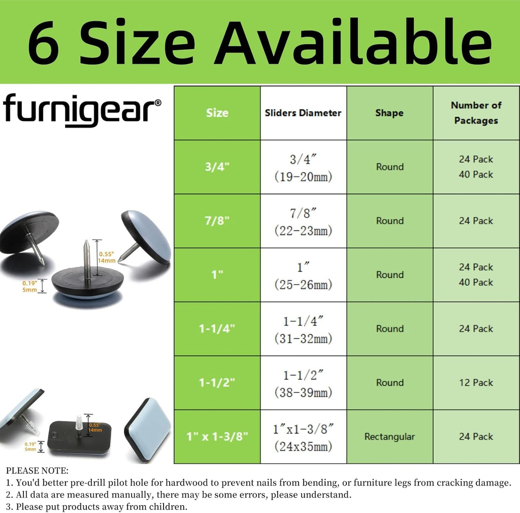 Furniture Sliders-Furnigear (Teflon) Nail in Chair Glides for Carpet and Hardwood Floor - Move Your Furniture Easily & Safely - Best Floor Protector (1x1-3/8-24 Pack)