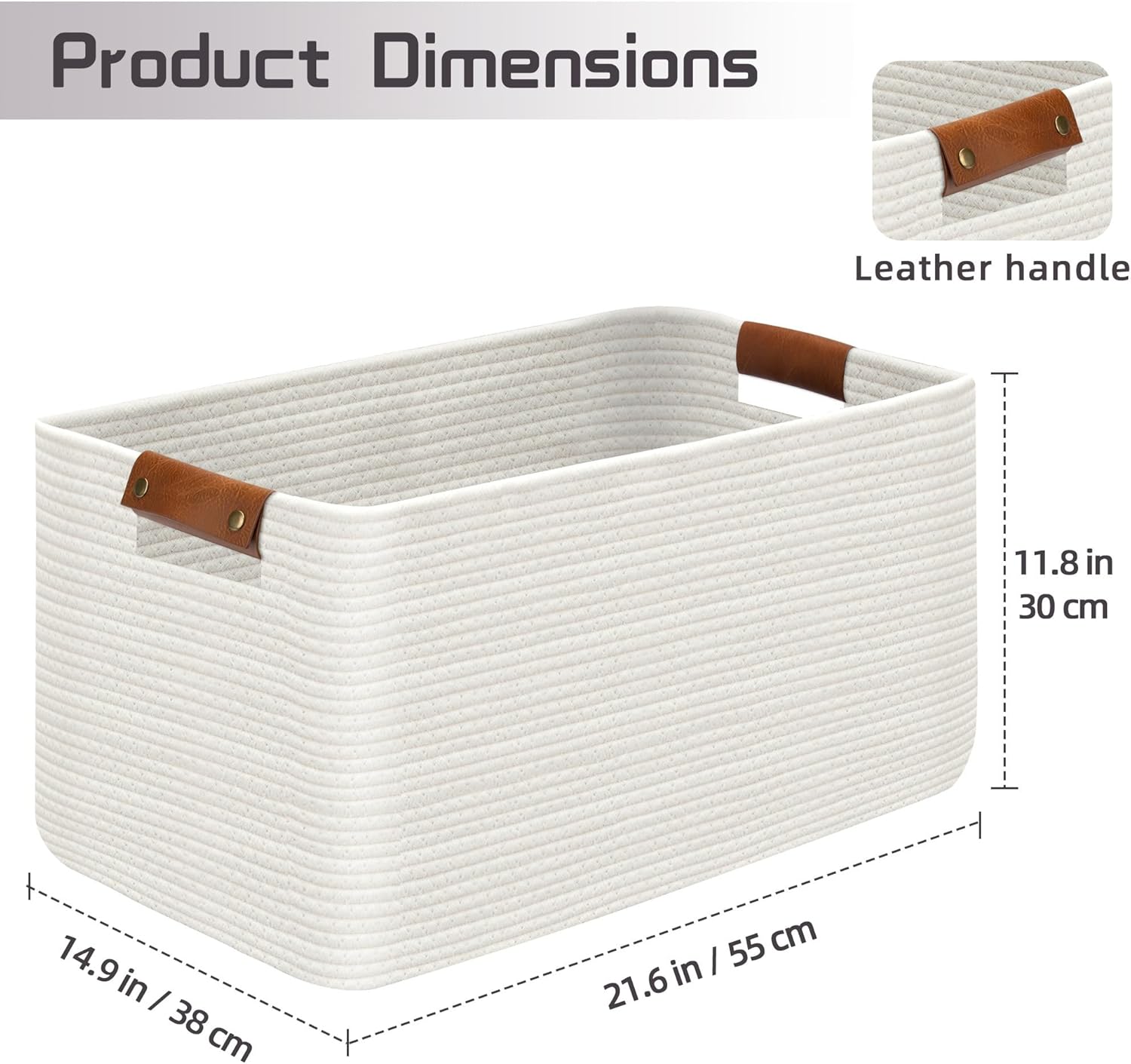 Large Collapsible Laundry Basket, Clothes Hamper for Blanket, Toy, Towels, Woven Baskets for Storage, Nursery Home Decor Living room 21.6" x 15" x 11.8" White
