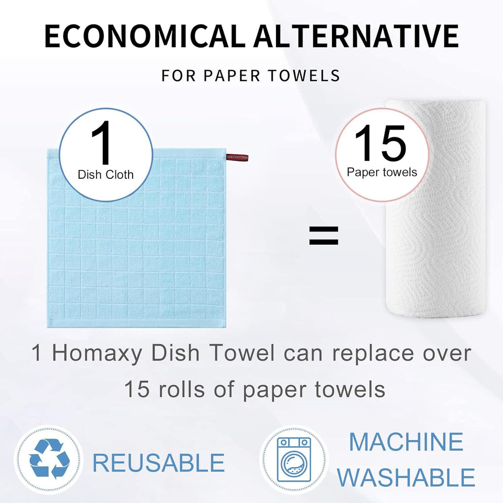 Homaxy 100% Cotton Terry Kitchen Dish Cloths, Ultra Soft and Absorbent Dish Towels for Kitchen, Suitable for Drying and Washing Dishes, 12 Pack, 12 x 12 Inches,Sky Blue