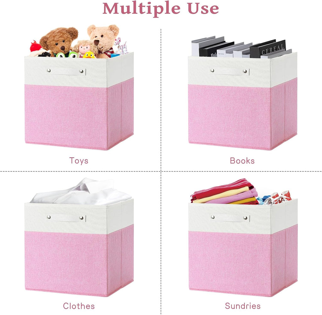 13 x 13 Inch Fine Linen Storage Bins with Handles，Fabric Cube Boxs，Collapsible Basket Organizers for Shelves for Home, Closet Drawers (White/Pink-4 Pack)