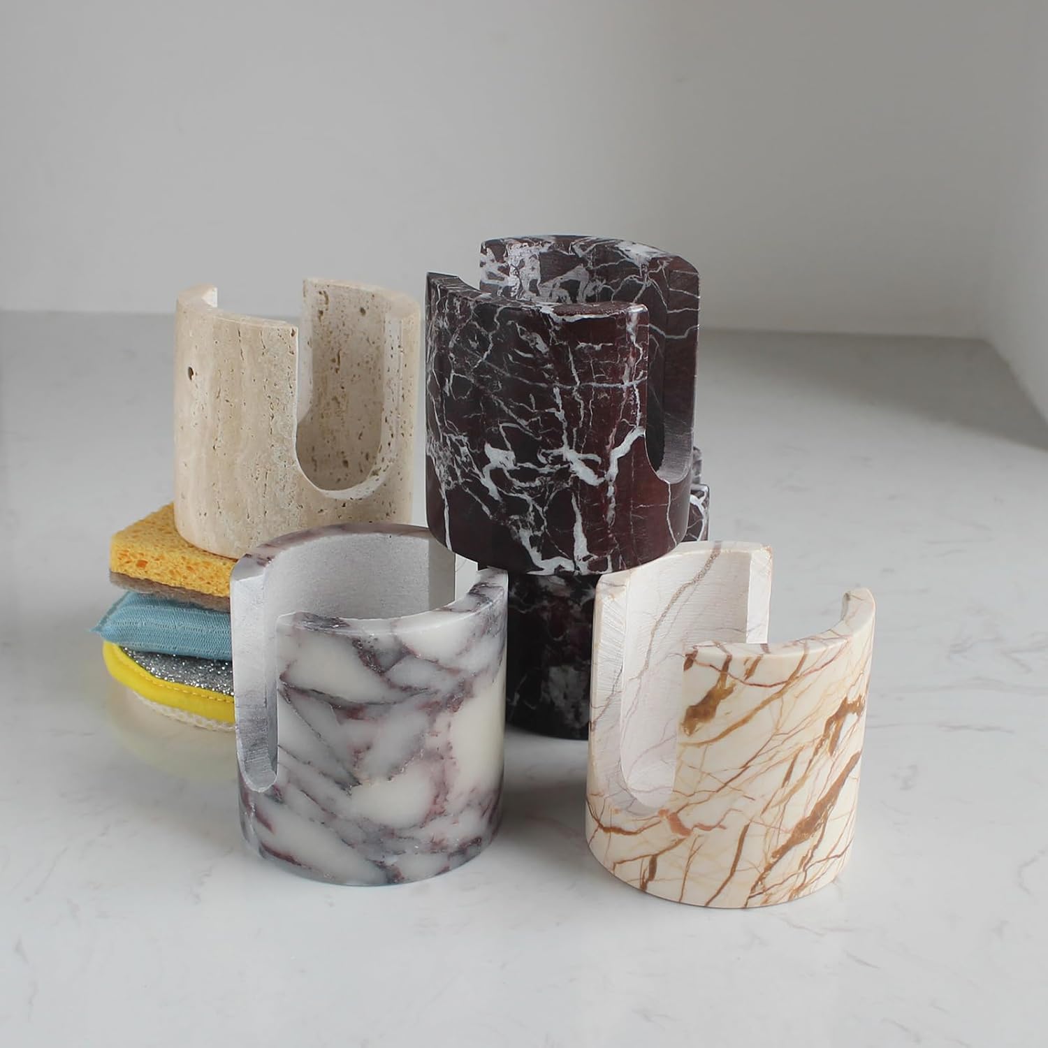 Natural Travertine Sponge Holder for Kitchen Sink, Drying Rack, Compact Sink Caddy Organizer (Rosso Levanto Marble)