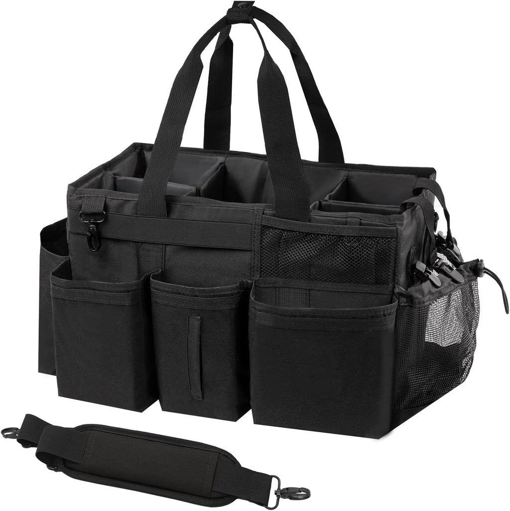 Wearable Cleaning Caddy Organizer with Handle & Shoulder Straps for Housekeepers, Under Sink & Car Cleaning Tool Organizer Bag with 4 Foldable Dividers (Black)