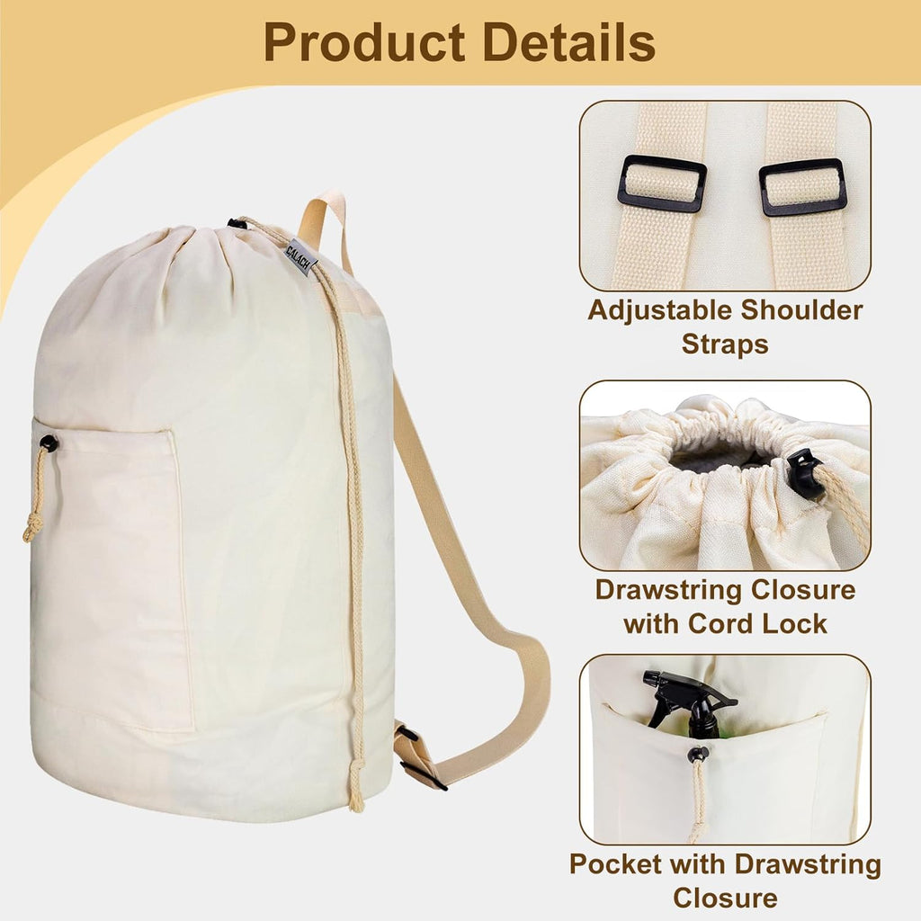 Laundry Bag Backpack, Canvas Laundry Bag with Straps & Drawstring Closure Washable Dirty Cloth Hamper Bag with Large Front Pocket for College, Travel, Laundromat, Camping (2 Pack)