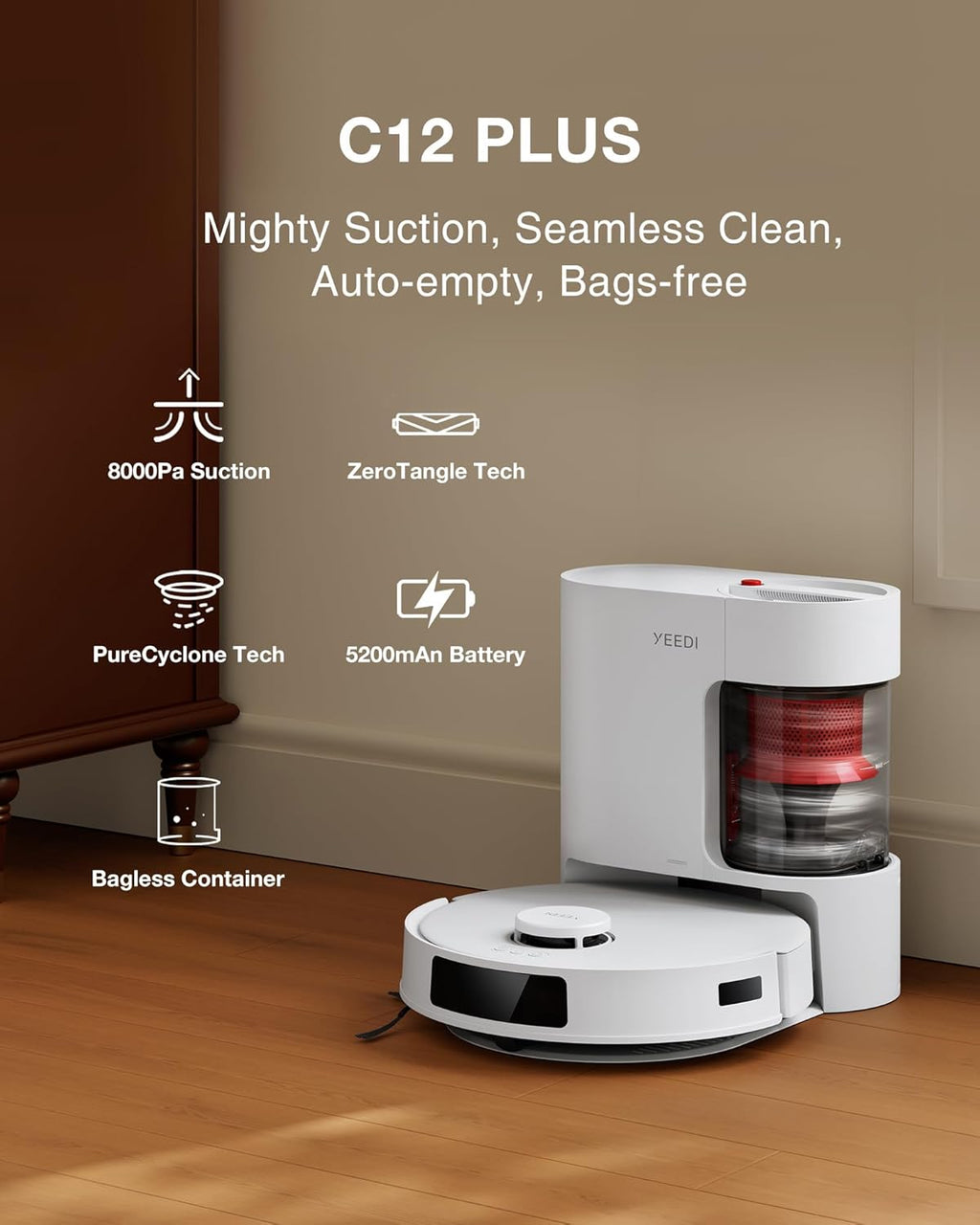 Yeedi C12 Plus Robot Vacuum and Mop, 8000Pa Strong Suction, 7-Week Dust Storage, Bagless Dust Bin, PureCyclone Tech, ZeroTangle Brush, White