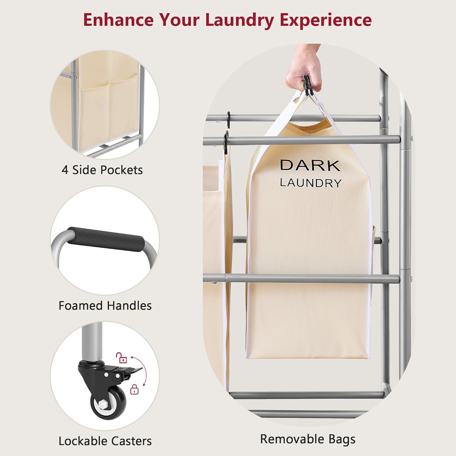 Tajsoon Laundry Sorter 5 Sections, Laundry Hamper with Heavy Duty Lockable Wheels and Removable Bags, 5 Bag Rolling Laundry Sorter Cart for Dirty Clothes Storage, Laundry Separator Hamper, Beige