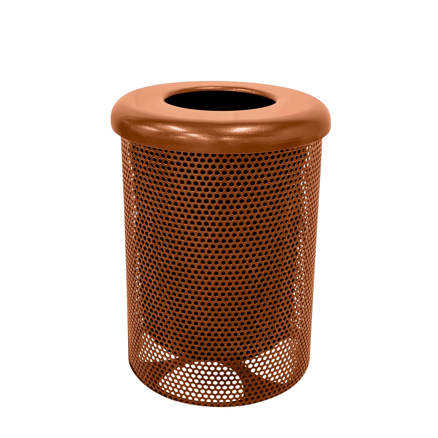 COATEDOUTDOORFURNITURE 32-Gallon Heavy-Duty Punched Steel Round Trash Receptacle, Commercial Outdoor Waste Bin with Liner & Black Flat Top Lid – Made in America (Textured Copper)