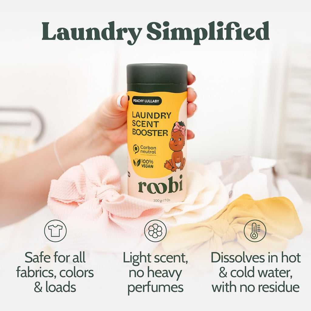 Roobi Baby Laundry Scent Booster. Peachy Lullaby Fragrance Beads. Specially Formulated for Baby's Sensitive Skin. Up to 20 Washing Cycles. Carbon Neutral, 100% Vegan.