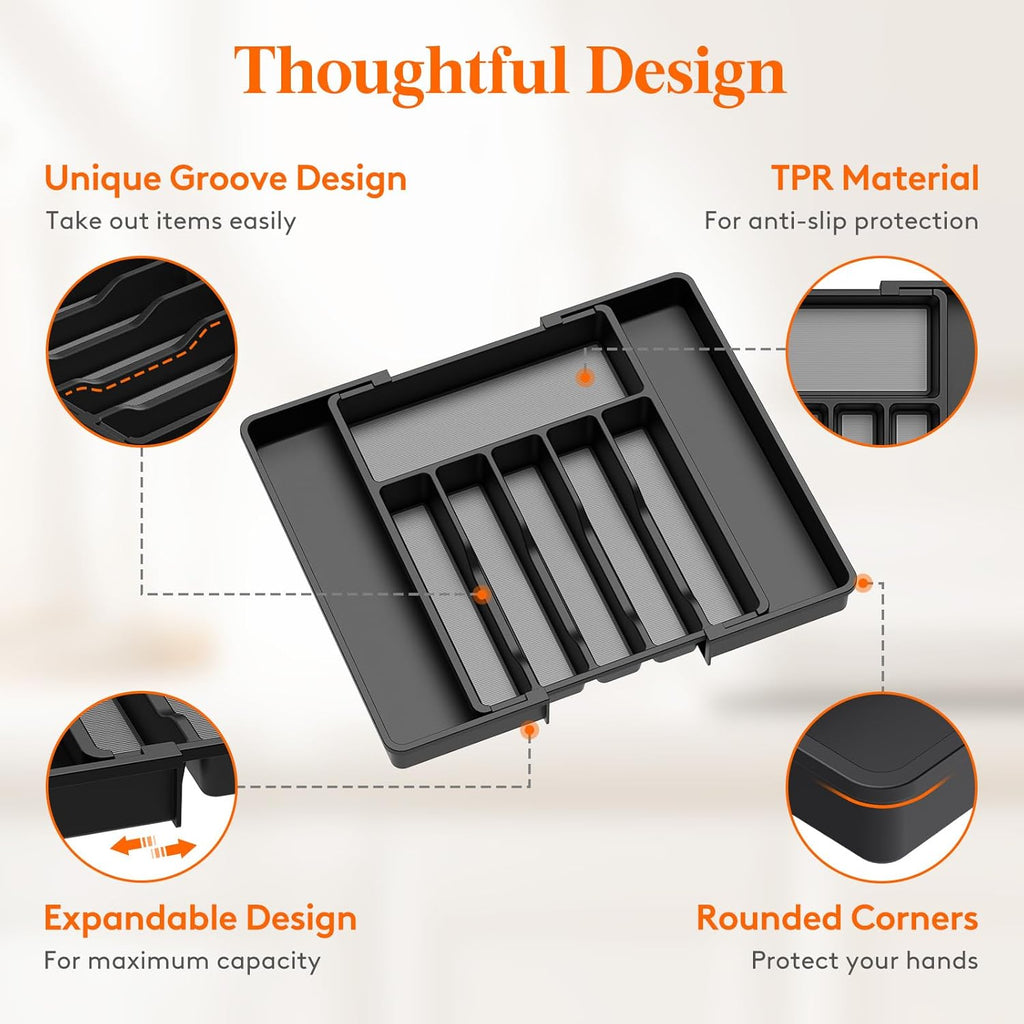 Lifewit Silverware Drawer Organizer, Expandable Utensil Tray with Non-Slip TPR, Deep Flatware Cutlery Holder, Adjustable Plastic Kitchen Storage for Spoons Forks Knives, Large, Black and Gray