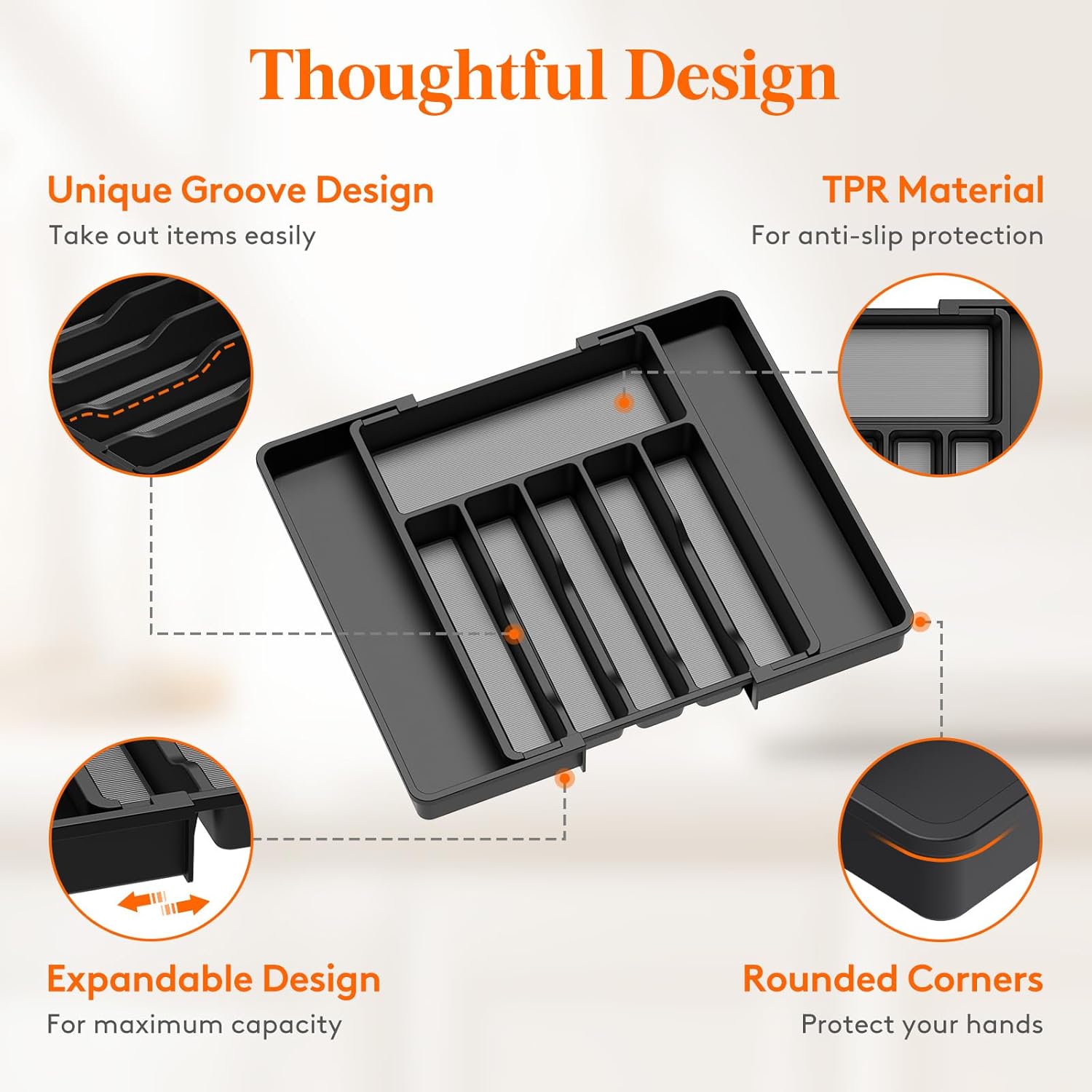 Lifewit Silverware Drawer Organizer, Expandable Utensil Tray with Non-Slip TPR, Deep Flatware Cutlery Holder, Adjustable Plastic Kitchen Storage for Spoons Forks Knives, Large, Black and Gray