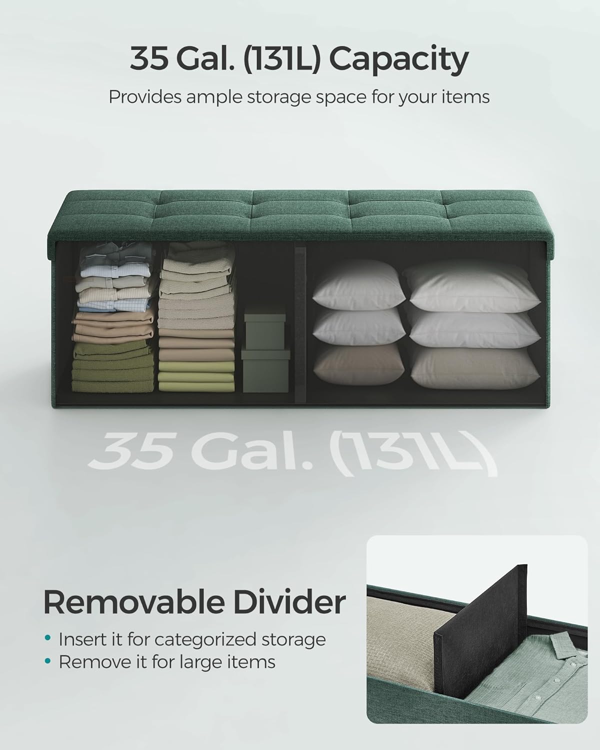 SONGMICS MAZIE Collection - 43 Inches Folding Storage Ottoman Bench, Ottoman Foot Rest, End of Bed Bench, Storage Chest, Load 660 lb, for Living Room, Bedroom, Entryway, Retro Green ULSF077C01