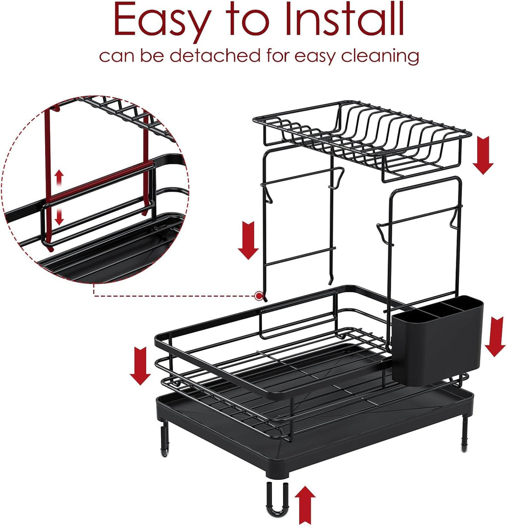Dish Drying Rack - X-Large Stainless Steel Dish Rack for Kitchen Counter, 2-Tier Kitchen Organizers and Storage for Dishes, Bowls, Cutlery, Black