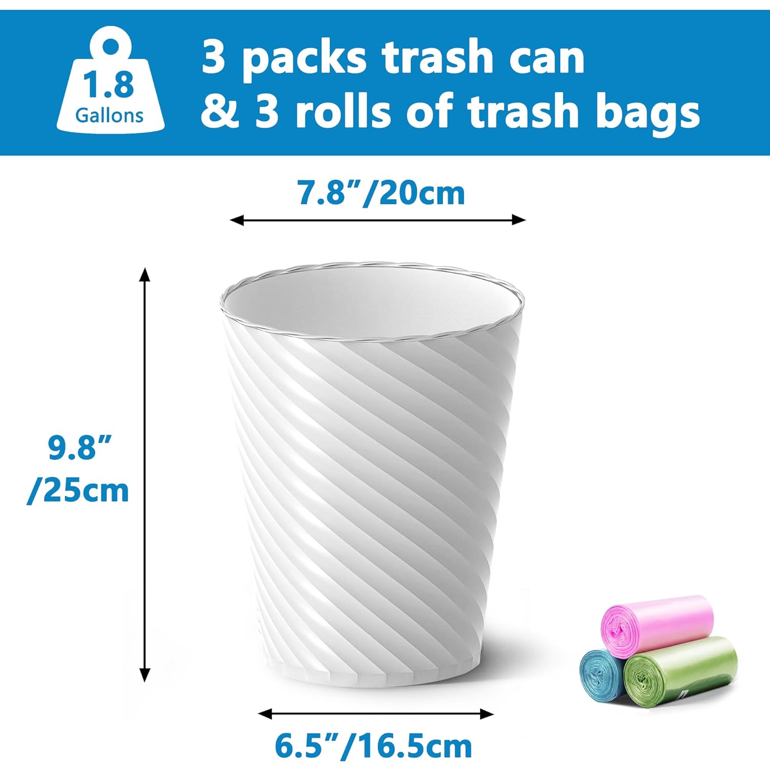 Bathroom Trash Can, 8 Pack 1.8 Gallons Small Trash Can with Trash Bags, Bathroom Garbage Can, Plastic Trash Bin, Round Waste Basket for Bedroom, Office, Kitchen, Room, Compact Space (White)