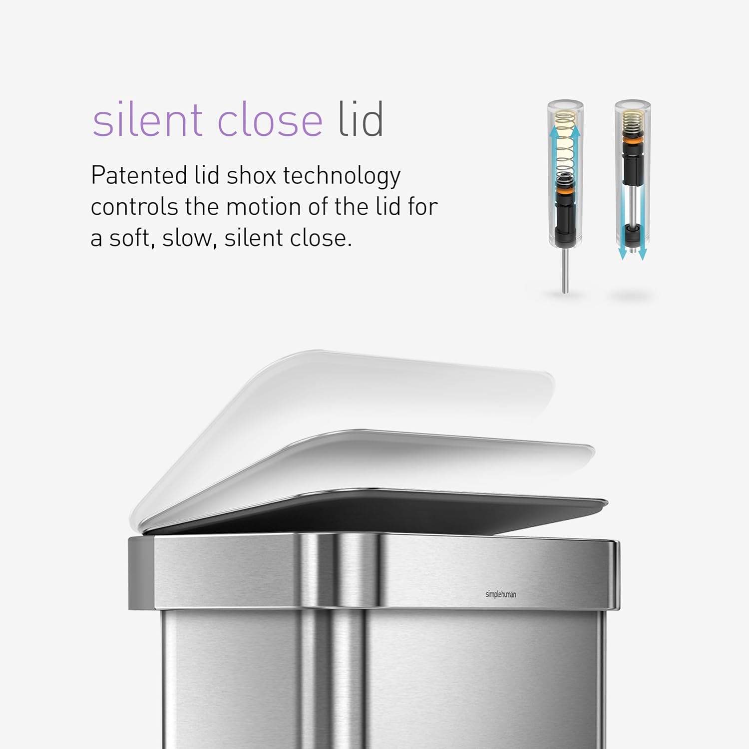 simplehuman 45 Liter / 12 Gallon Liter Rectangular Hands-Free Kitchen Step Trash Can with Soft-Close Lid, Brushed Stainless Steel with Plastic Lid