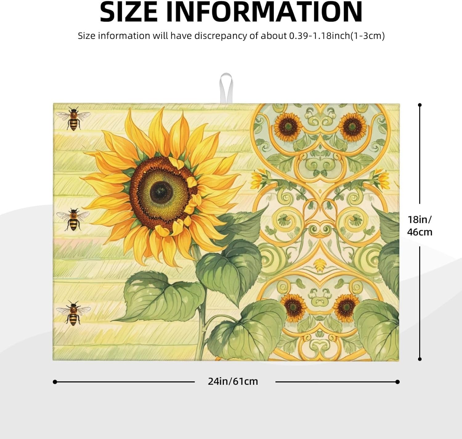 Sunflower Bee Dish Drying Mat Highly Absorbent Double-Sided Microfiber with Hanging Loop Reversible Drain Dish Rack Mat Drain Mat Suitable for Kitchen Countertop Coffee Bar 18 x 24 Inch