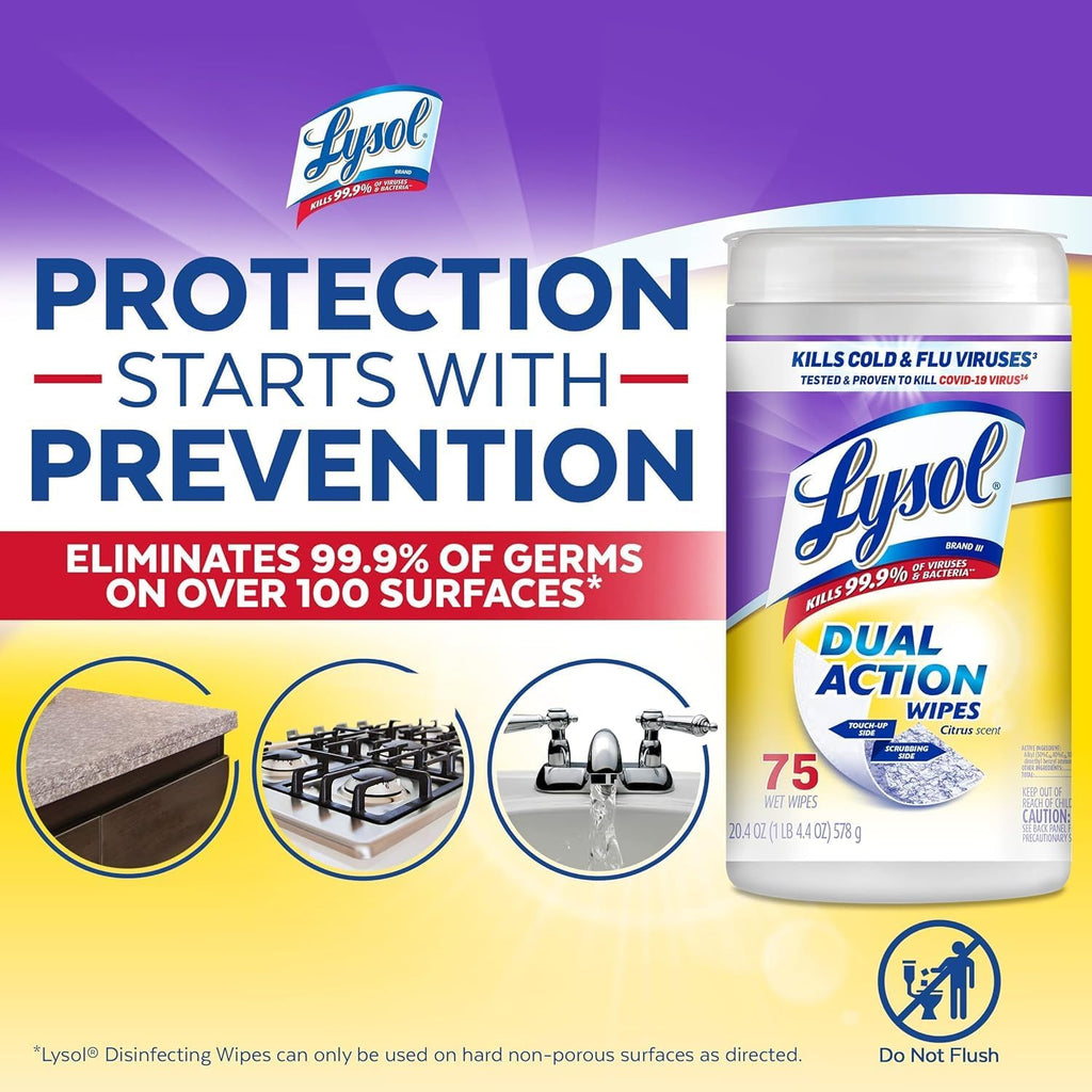 Lysol Dual Action Disinfectant Wipes, Multi-Surface Antibacterial Scrubbing Wipes, Dorm Room Essentials, Citrus Scent, 75ct (Pack of 4), Packaging May Vary