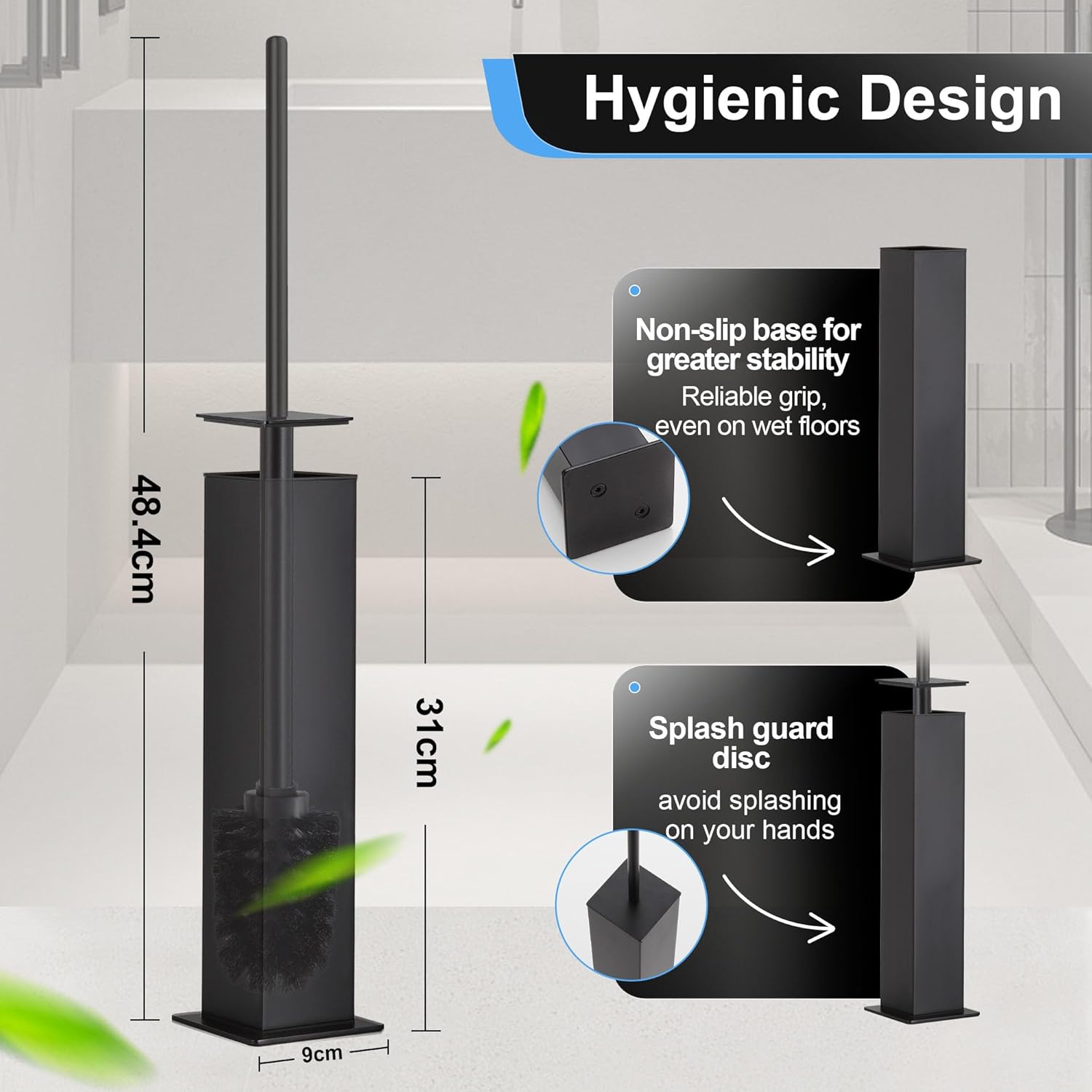 BVL Toilet Brush and Holder Set Black Stainless Steel 304 Square Freestanding Toilet Brush for Bathroom