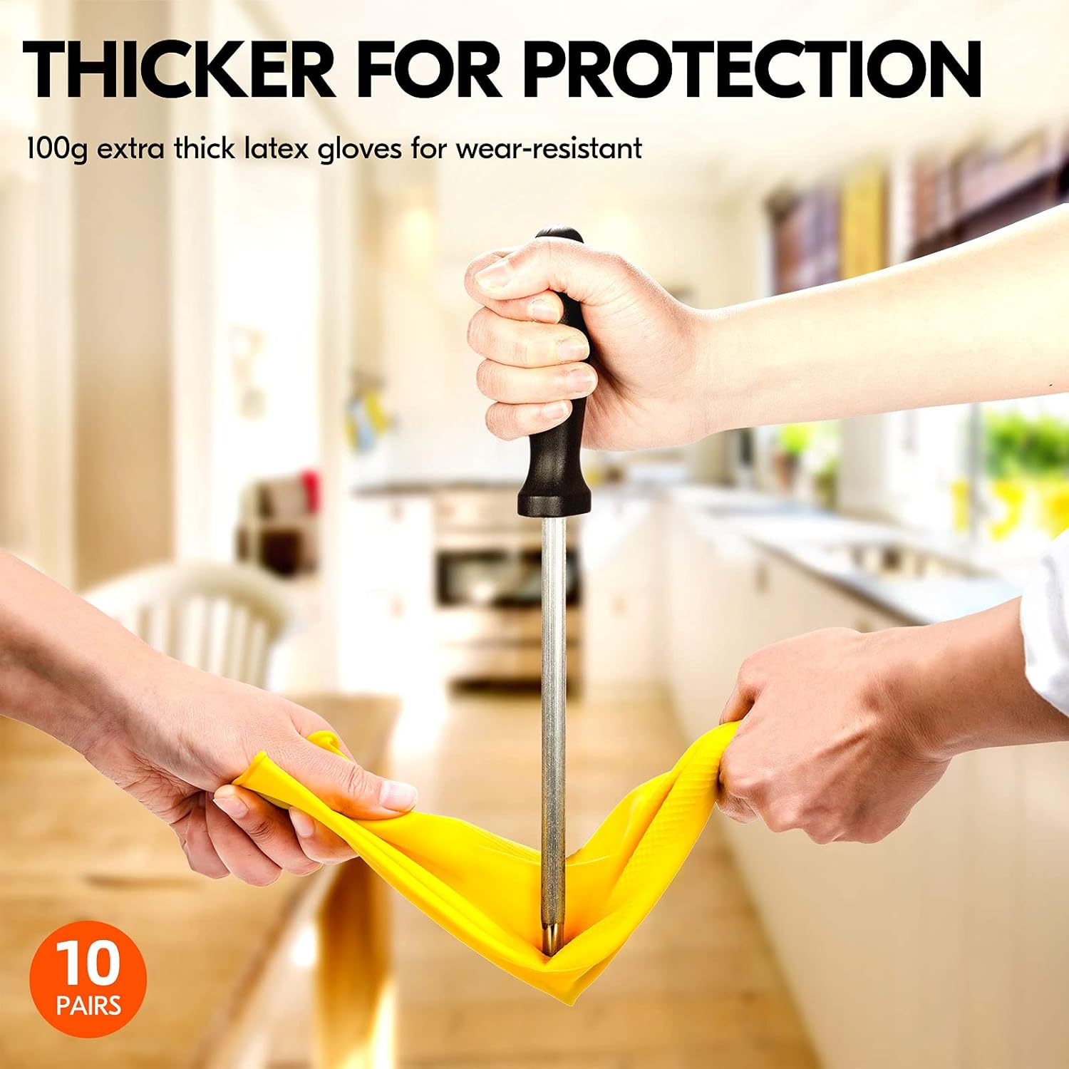 Vgo... 10-Pairs Reusable Household Gloves, Rubber Dishwashing gloves, Extra Thickness, Long Sleeves, Kitchen Cleaning, Working, Painting, Gardening, Pet Care (Size XL, Yellow, HH4601)