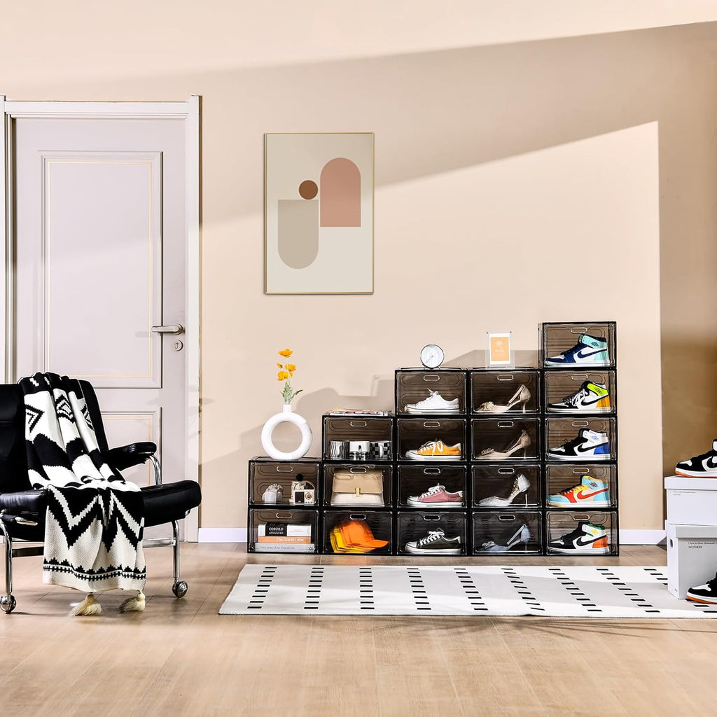 New Gray 8 Pack Shoe Boxes Stackable, Large Shoe Storage Organizer with Lids,Drop Side Shoe Containers for Entryway,Sneaker Storage Fit up to US Size 13 for Men/Women(13’’x 10.6”x 8.3”)