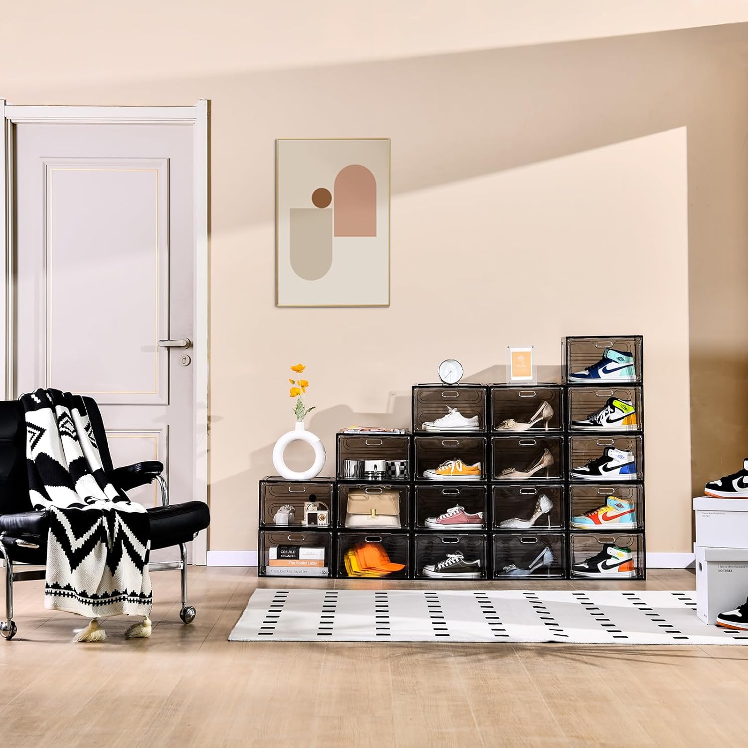 New Gray 8 Pack Shoe Boxes Stackable, Large Shoe Storage Organizer with Lids,Drop Side Shoe Containers for Entryway,Sneaker Storage Fit up to US Size 13 for Men/Women(13’’x 10.6”x 8.3”)