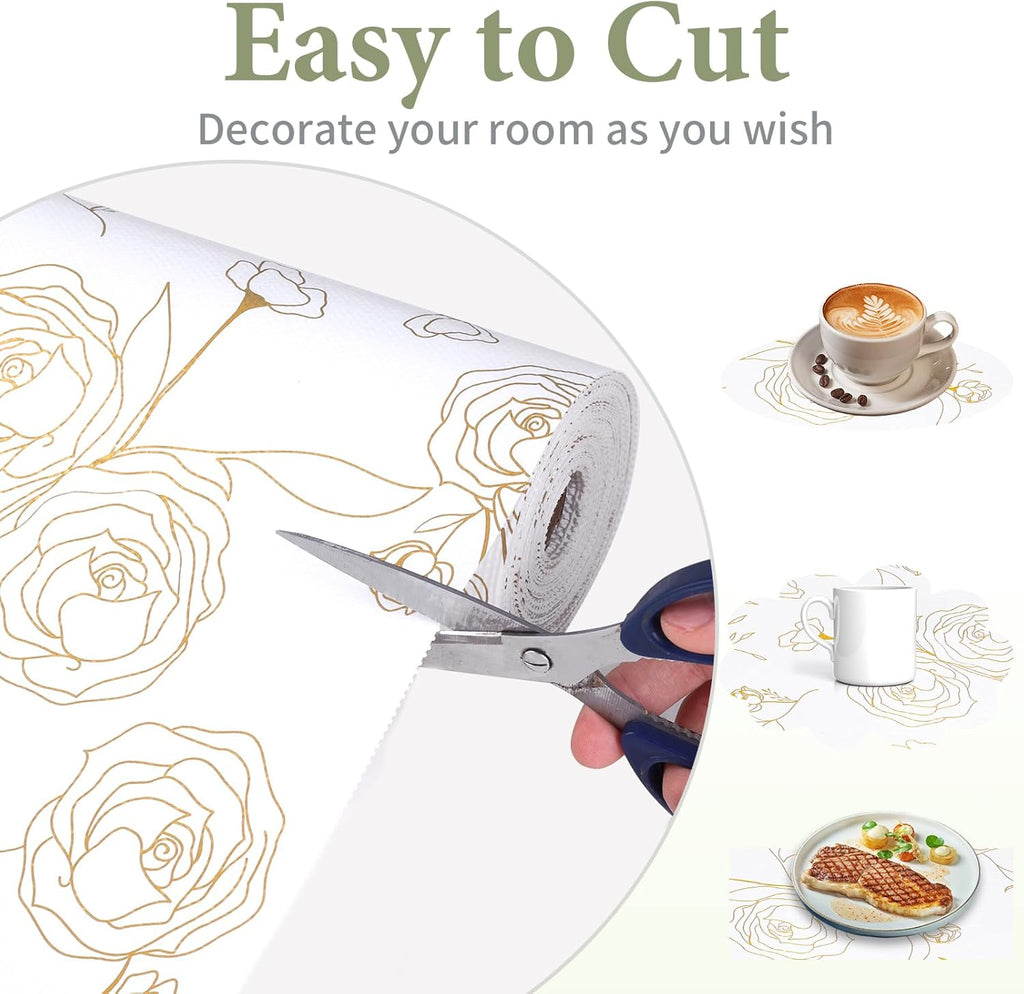 Shelf Liners for Kitchen Cabinets 12in x 10FT Non Adhesive Drawer Liner Gold Floral Thickened Shelf Liner Paper Strong Non-Slip Easy to Clean for Tool Box Refrigerator with Knife and Tape Measure