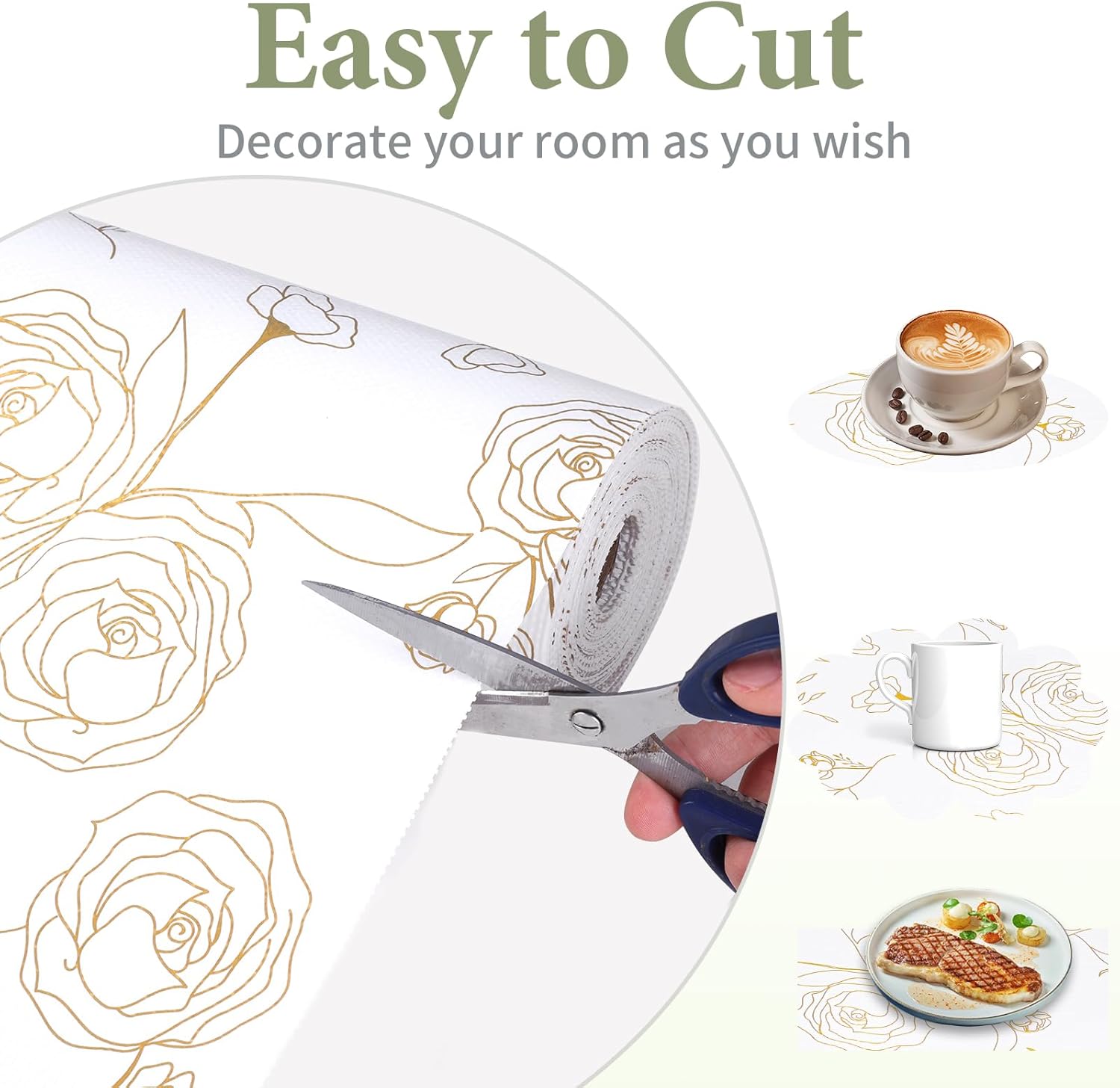 Shelf Liners for Kitchen Cabinets 12in x 10FT Non Adhesive Drawer Liner Gold Floral Thickened Shelf Liner Paper Strong Non-Slip Easy to Clean for Tool Box Refrigerator with Knife and Tape Measure