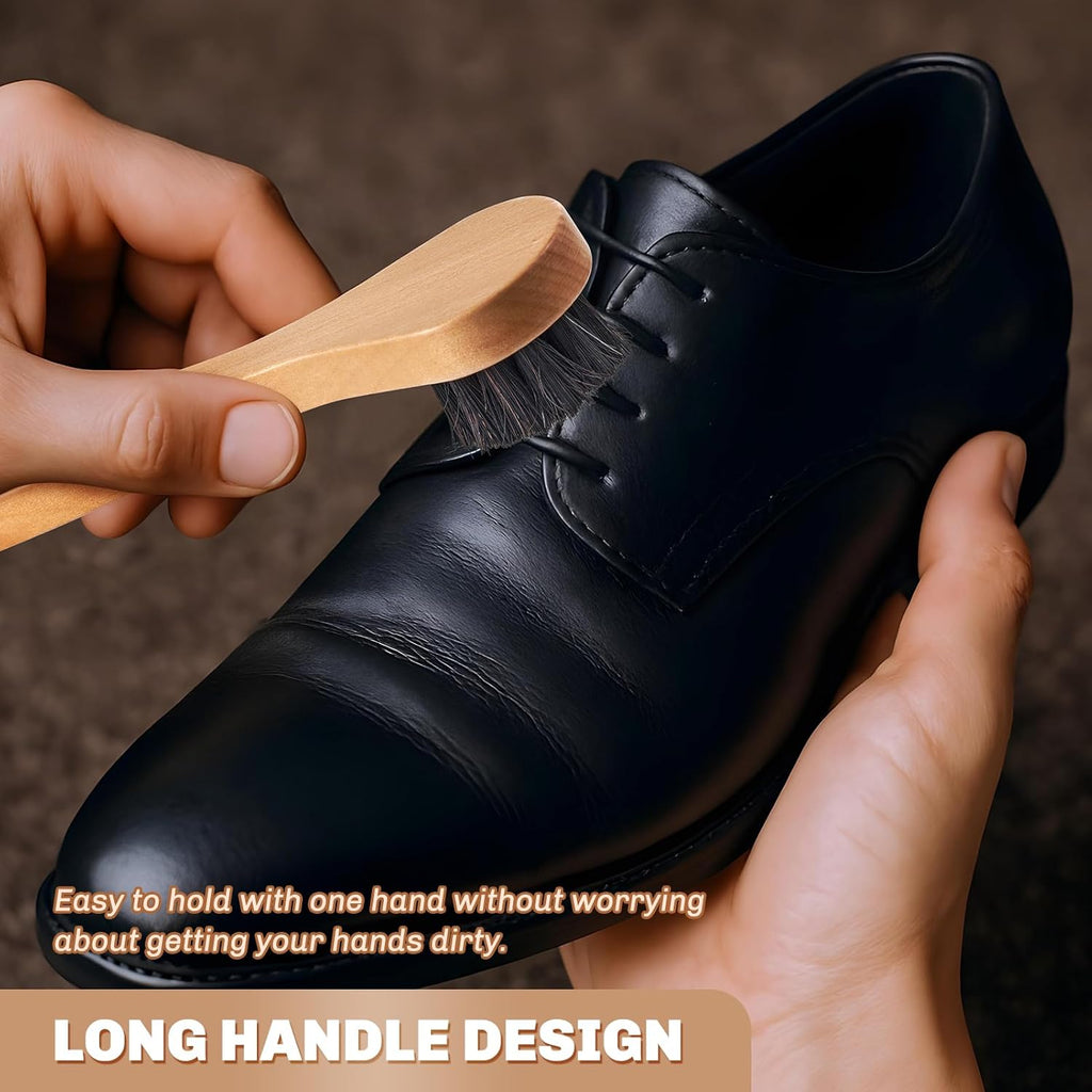 2 Pcs Horsehair Shine Shoes Brush Kit Polish Dauber Applicators Cleaning Leather Shoes Boots Care Brushes Suede Cleaner Brush(Wooden Long Handle)