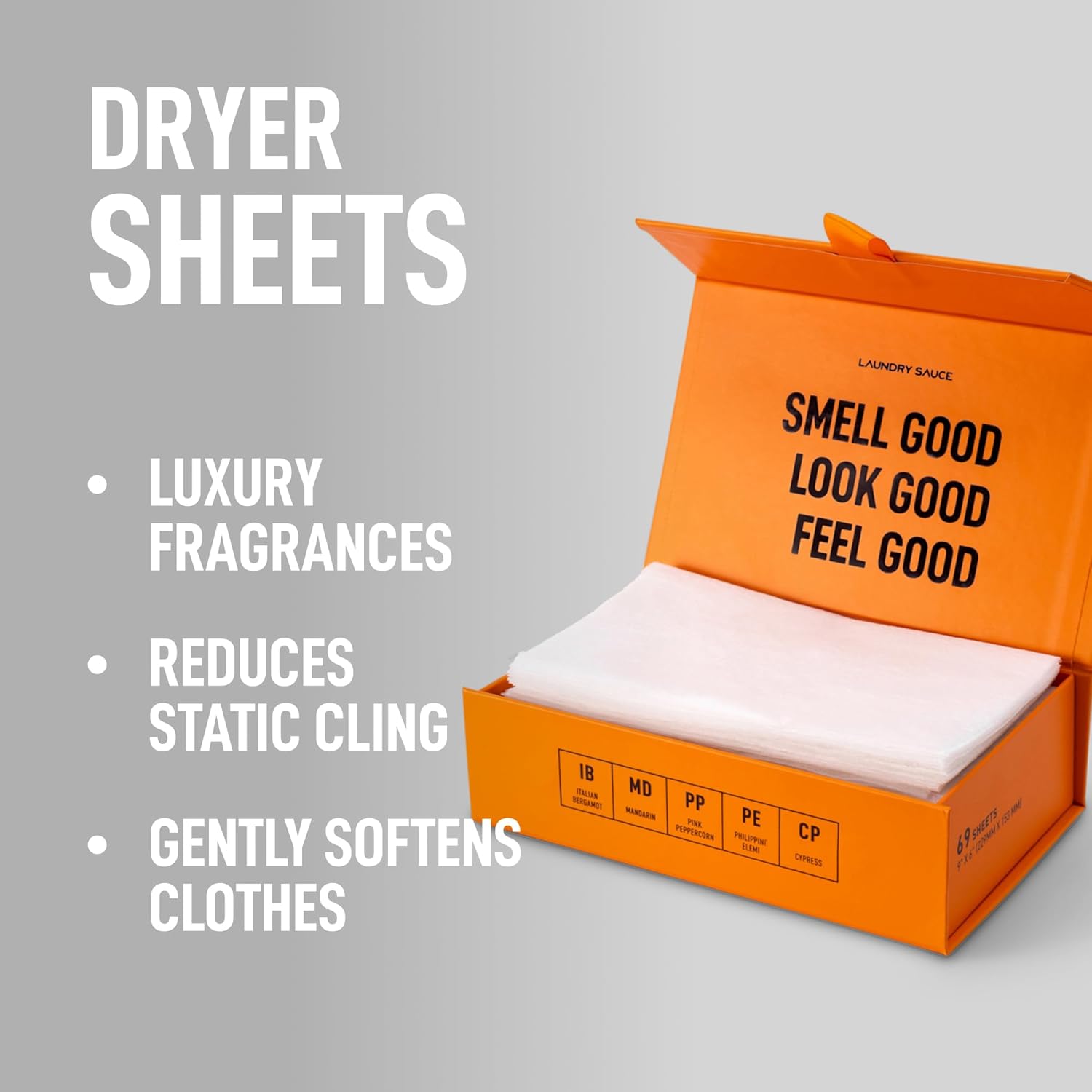 Laundry Sauce - Laundry Dryer Sheets (Italian Bergamot), Luxury Fragrance, Contains Essential Oils, Softens Fabric, Removes Static Cling, Eco-Friendly Packaging, Travel Friendly, 69 Count