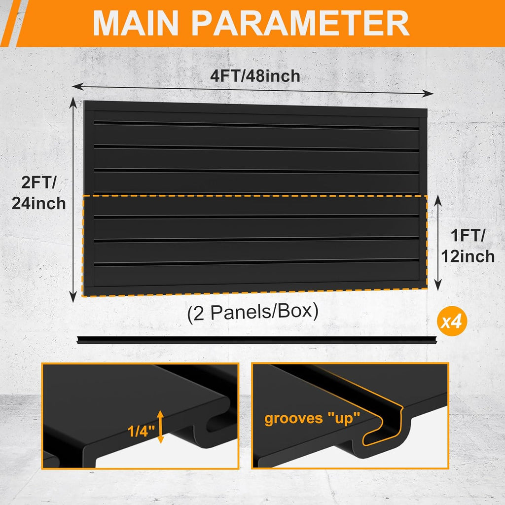 DoCred Slatwall Paneling Organizer, 4x2 FT PVC Garage Slat Wall Storage Systems, Heavy Duty Mounted Slat Peg Board for Tool Organization Ladder Bike Includes 20 PCS Hooks Accessories Kit (Black)